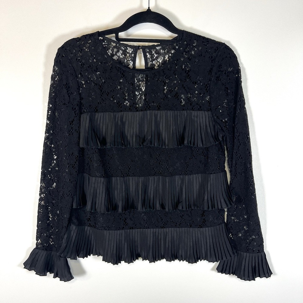 J. Crew Womens Size S Black‎ Lace Ruffle Pleated Tiered Blouse Bell Sleeves Boho
